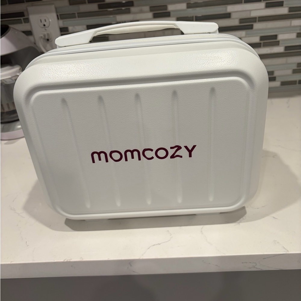 Momcozy White Travel Cosmetic Case with Burgundy Logo